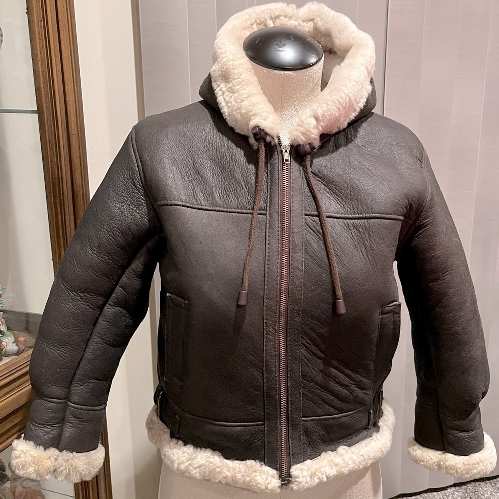 Boys Size 4 Echtes Leder Brown/Beige Genuine Leather/Shearling Hooded Zip Jacket